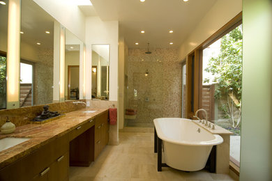 Inspiration for a contemporary bathroom in Los Angeles with a freestanding tub.