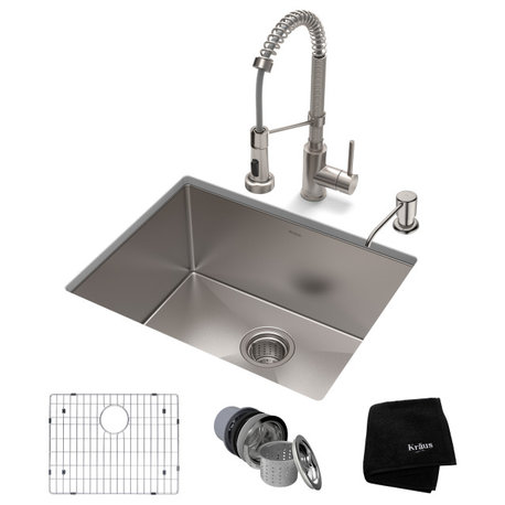 23" Undermount Stainless Steel Kitchen Sink, Pull-Down Faucet SS, Dispenser