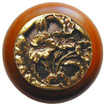 Notting Hill Decorative Hardware - Hibiscus Wood Knob, Antique Brass, Cherry Wood Finish, Antique Brass - Projection: 1-1/8"