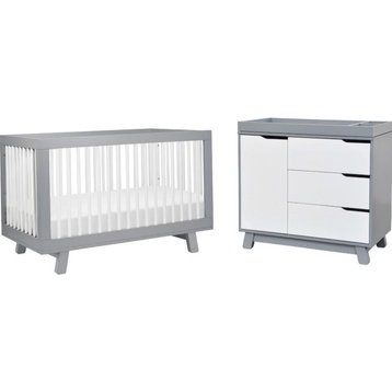 4-in-1 Convertible Baby Crib with Dresser with Changing Tray Set in Gray