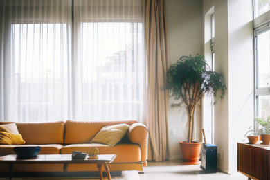 Immagine di un piccolo soggiorno design con pareti beige, pavimento in terracotta e pavimento beige