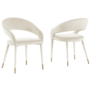 Joel Velvet Contemporary Dining Chair With Gold Accents, Set of 2, Cream