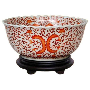 Chinese Orange and White Floral Porcelain Bowl With Base 14"