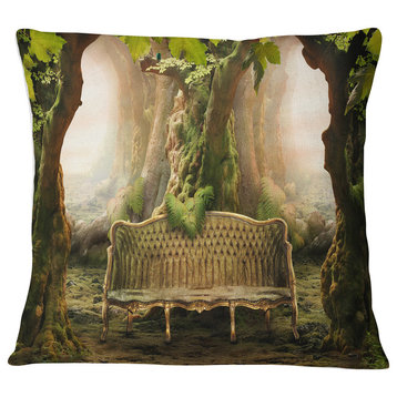 Romantic Seat in Deep Forest Landscape Photography Throw Pillow, 18"x18"