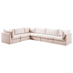 Meridian Furniture - Jacob Velvet Upholstered 6-Piece L-Shaped Modular Sectional, Pink - Create the ideal seating arrangement for your space when you pick and choose the elements you like mostincluding this Jacob velvet modular sectional. Mix and match items in the Jacob collection to bring your living space or family room together with a personalized slant. Soft pink velvet upholstery is soft and welcoming to the touch, adding a luxurious feel to everyday seating. Deep channel tufting adds to the piece's durability, and latches underneath the unit make it easy to attach to other pieces in the collection.