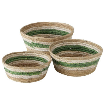 3 Piece Green and Natural Striped Baskets Set