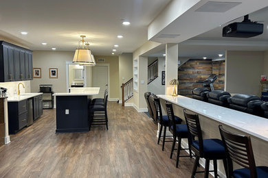 Example of a huge transitional underground wood wall basement design in DC Metro with a home theater