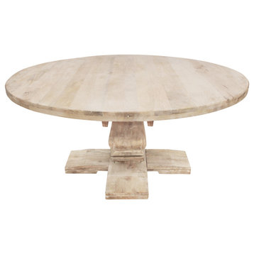 Benedict 70" Round Dining Table, Solid Mango Wood With White Wash