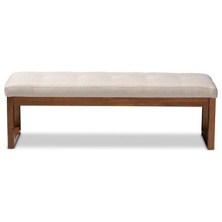 Caramay Fabric Walnut Brown Wood Bench, Light Beige