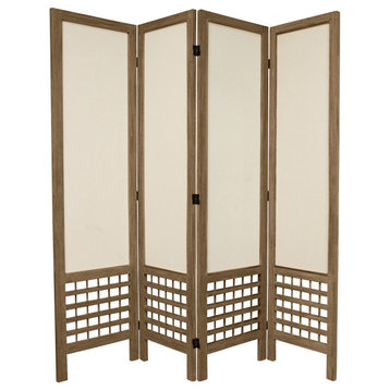 Traditional Room Divider, Wood Frame With Lattice Pattern & Fabric Shades, Gray