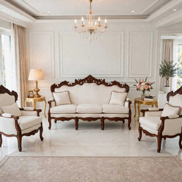 Luxury Solid Teak Wood Sofa & Chairs | French Louis XV Traditional Living Room