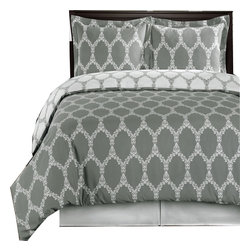 Royal Tradition - Brooksfield 100% Cotton Printed Duvet Cover Set, Gray and White, Full/Queen - Duvet Covers And Duvet Sets