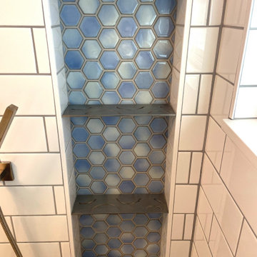 BATHROOM - Complete Remodel Tub-to-Shower White Cabinets, White Hex Floor