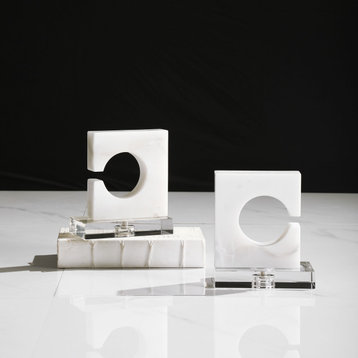 White Marble Bookends Open Graphic Design C Minimalist Industrial, 2-Piece Set