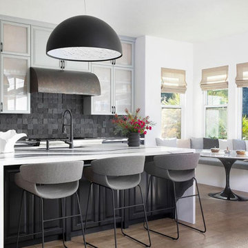 Waterfall island, lava backsplash, Italian pendant