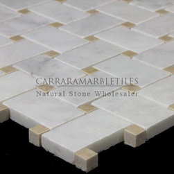 White Carrara Marble Italian Bianco Carrera Basketweave Mosaic Tile with Crema M - Products