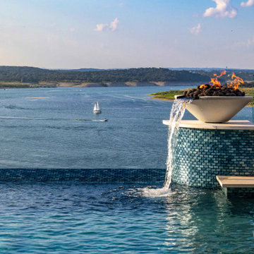 Fire Bowl Water Feature at Pools Edge with Lake View