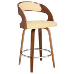 Armen Living - Shelly 26" Counter Swivel Barstool, Walnut Wood Finish and Cream Faux Leather - Add mid-century modern design to your home with this Shelly swivel barstool. It is elegantly designed with a sturdy 360 degree footrest in carefully crafted in top-quality Walnut wood finish, but also expertly upholstered with Cream Faux Leather and padded Walnut Back for comfort. This piece provides both style and function with eye-catching contoured wood back that can easily be integrated into your homes existing decor. Available in 26" counter height and 30" bar height.