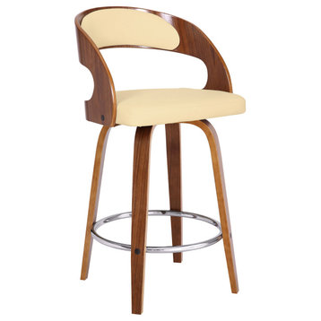 Shelly 26" Counter Swivel Barstool, Walnut Wood Finish and Cream Faux Leather