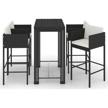 vidaXL Patio Bar Set 5 Piece with Cushions Poly Rattan Black Garden Chair
