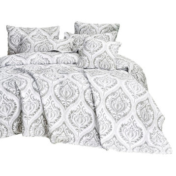 3-Piece Moon Sky Grey White Ogee Damask Quilted Coverlet Set, Queen