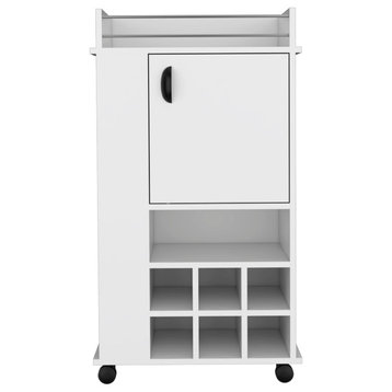 Farson Bar Cart with 6 Built-in Wine Racks, Cabinet, and Caster Wheels, White