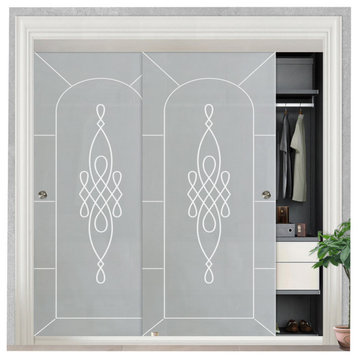 2-Leaf Sliding Closet Bypass Glass Door With Desing, 36" X 96", Full Private