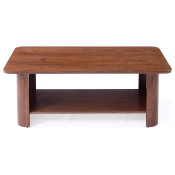 Transitional Coffee Table, Curved Design With Large Top & Open Shelf, Walnut