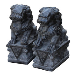 Chinese Small Pair Distressed Black Gray Stone Fengshui Foo Dogs Statue - Decorative Objects And Figurines