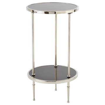 Elegant Round 2 Tiered Accent Table, Two Shelf Silver Black Granite Pedestal