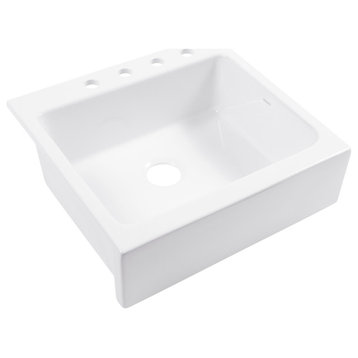Parker White Fireclay 26" Single Bowl Quick-Fit Drop-In Kitchen Sink, 4 Holes
