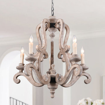 5-Light Wood Chandelier French Country Pendant Light for Kitchen Island, Distressed