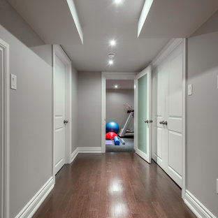 Design ideas for a small classic basement in Toronto with grey walls, medium hardwood flooring and no fireplace.