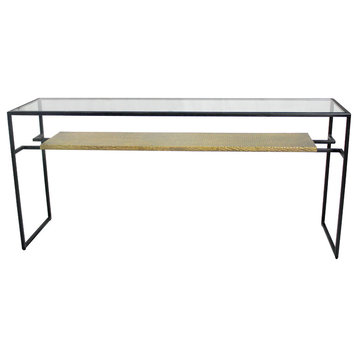 Orlando Cooper Table With Glass Top and Bronze Metal Cladded Shelf on Iron