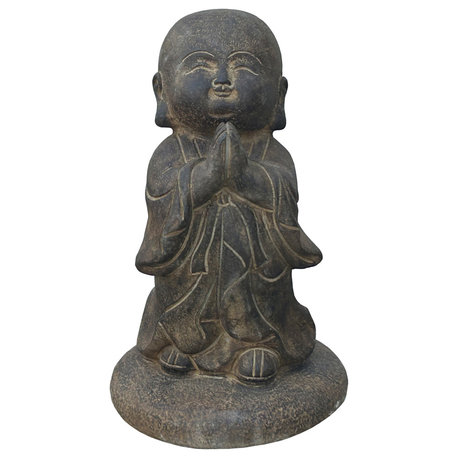 Chinese Dark Gray Stone Anjali Mudra Standing Cute Lohon Monk Statue Hws3623