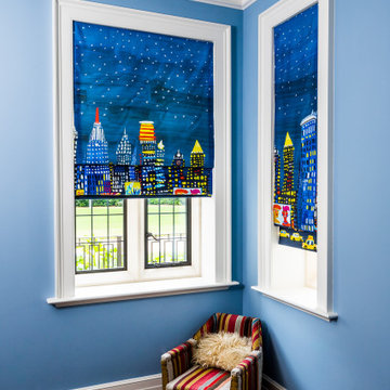 Bespoke Roman blinds featuring New York skyline for a home in Runnymede