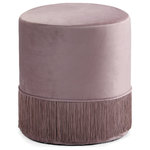 Meridian Furniture - Teddy Velvet Upholstered Ottoman/Stool, Pink - Bring a touch of romance to your space with this frilly Teddy Pink Velvet Ottoman/Stool. A fringed border of tassels surrounds the bottom perimeter of the stool, giving it a somewhat Bollywood-inspired vibe. The stool itself is upholstered in velvet for a posh feel and sumptuous look wherever you choose to use it. Put it in the living room as a fun and exciting accent and prop for your feet, or use it in the bedroom for a bit of boudoir inspiration.