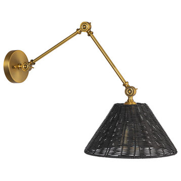 Adjustable Wall Sconce With Black Rattan Shade, Antique Brass Finish
