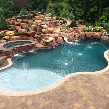 Brecknock Township custom pool with raised spa, sunshelf, slide, and waterfall