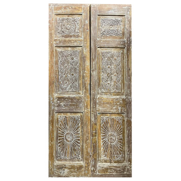Consigned Antique Pair Carved Doors, Limewash Barn Door, Closet Door