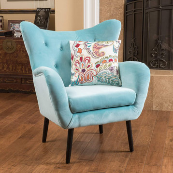 Mid Century Armchair, Curved Wingback Design With Velvet Padded Seat, Light Blue