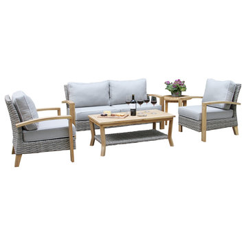 Teak and Gray Wicker 4-Piece Seating Group