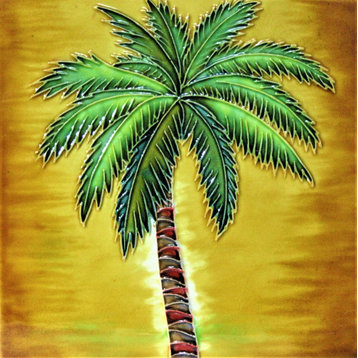 4x4" Palm Tree With Orange Background Ceramic Art Tile Drink Holder Coaster