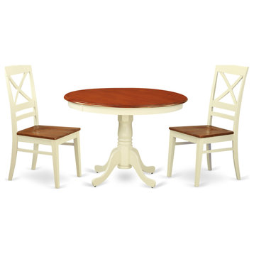3-Piece Set, A Round Small Table, 2 Leather Kitchen Chairs, Buttermilk/Cherry