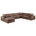 Meridian Furniture - Comfy Upholstered U-Shaped Modular Sectional, Brown, 7-Piece: 3 Armless Chair, 3 Corner Chair, 1 Ottoman, Vegan Leather - Give your space a whole new look with this brown Comfy vegan leather sectional. This handsome sectional fits nicely with other items in the Comfy collection and is a versatile seating option designed for adaptability, comfort and style. Wrapped in rich brown durable vegan leathered upholstery, this sectional offers a plush embrace of overstuffed down feather cushions, carefully crafted to deliver the highest level of comfort. The perfect seat for creating an oasis for relaxation, this sectional has thick foam surrounding its frame for added support and coziness.