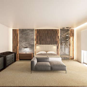 Jardins Sabóia bedroom render with stone wall and wood panels