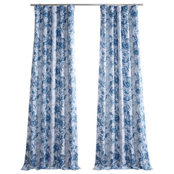 Blue Poppy Printed Linen Textured Room Darkening Curtain Single Panel, 50"x108"