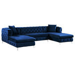 Meridian Furniture - Gail Velvet 3-Piece Sectional, Navy - Bring fine living to the forefront with this Gail three-piece sectional. This navy-colored sectional features two chaise ends, giving you the room you need to snuggle up and get comfortable on movie night. The upholstery is made from velvet and simply luxurious to the touch. Deep tufting all over the backs and sides of this unit add to its glamorous vibe, while the chromed legs finish off the design on a modern note. This sectional comes with pillows for added comfort and style.