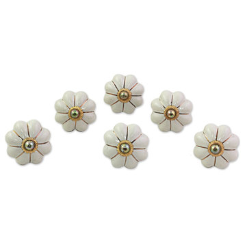 Pale Floral Beauties, Set of 6 Ceramic Cabinet Knobs, India
