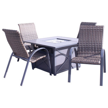 Courtyard Casual Santa Fe Dark Gray 5-Piece Square Fire Pit Set, Wicker Chairs
